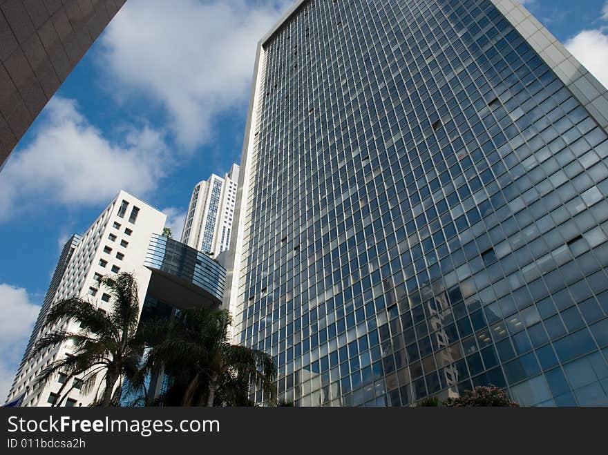 A complex of skyscrapers in day time