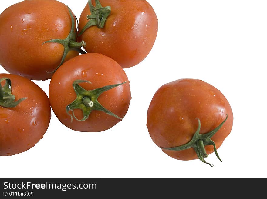 Five tomatoes on white background