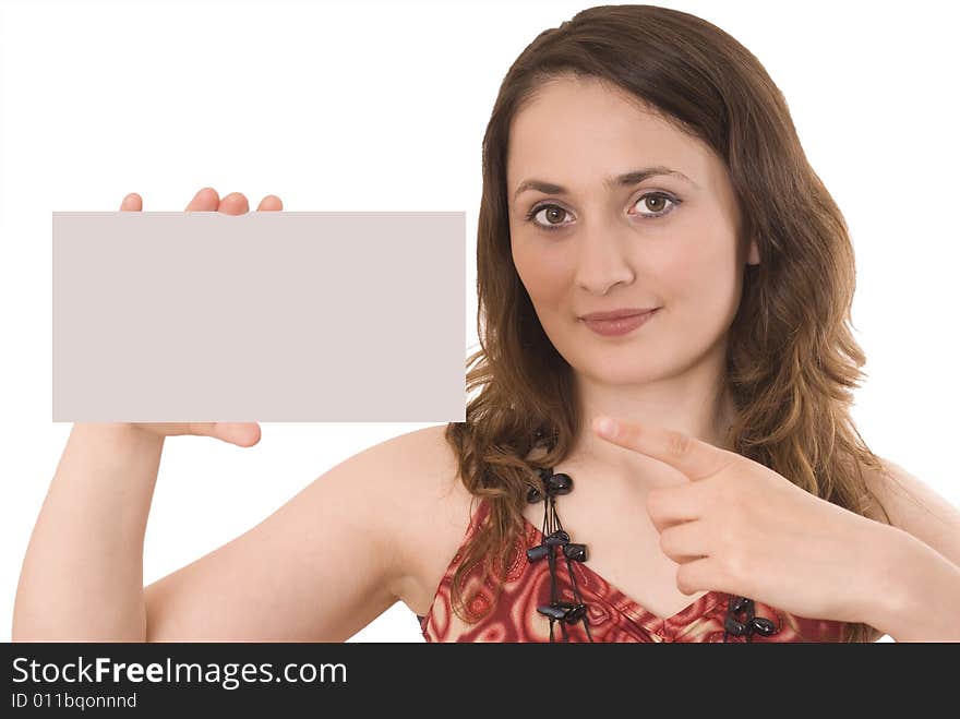 Beautiful woman holding empty gray board