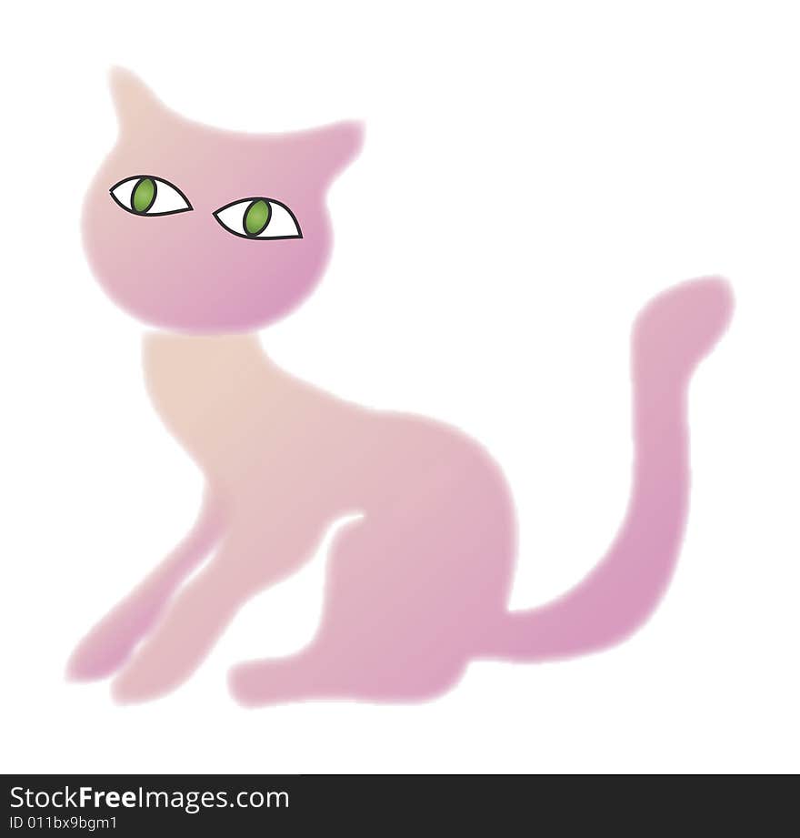 Computer illustration, stylized cat with big green eyes