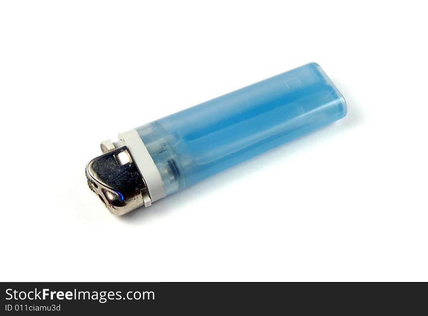 A photograph of a blue lighter against a white background