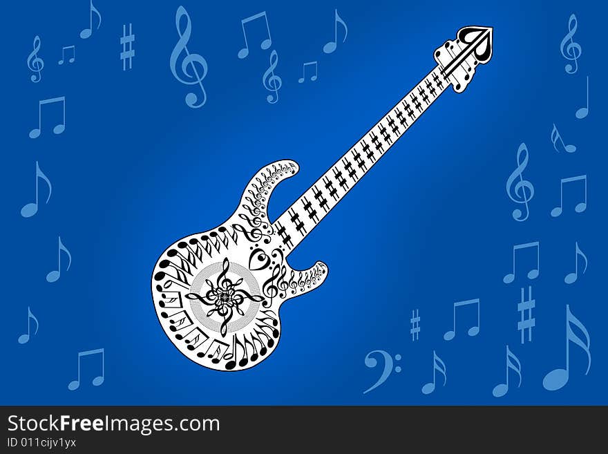 A guitar simple generated all music notes by illustration with blue background