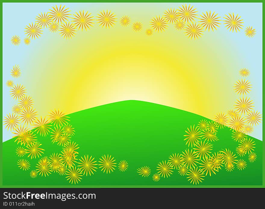Frame with sunrise, blue sky, green meadow, flower. Frame with sunrise, blue sky, green meadow, flower