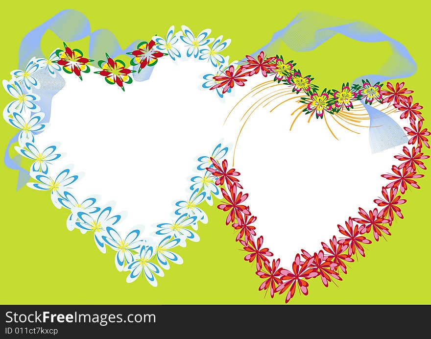 Two hearts surrounded flower and blue tape. Two hearts surrounded flower and blue tape