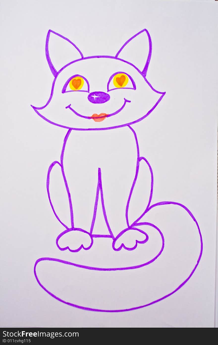 Bright drawn violet kitten with yellow and red eyes. Bright drawn violet kitten with yellow and red eyes