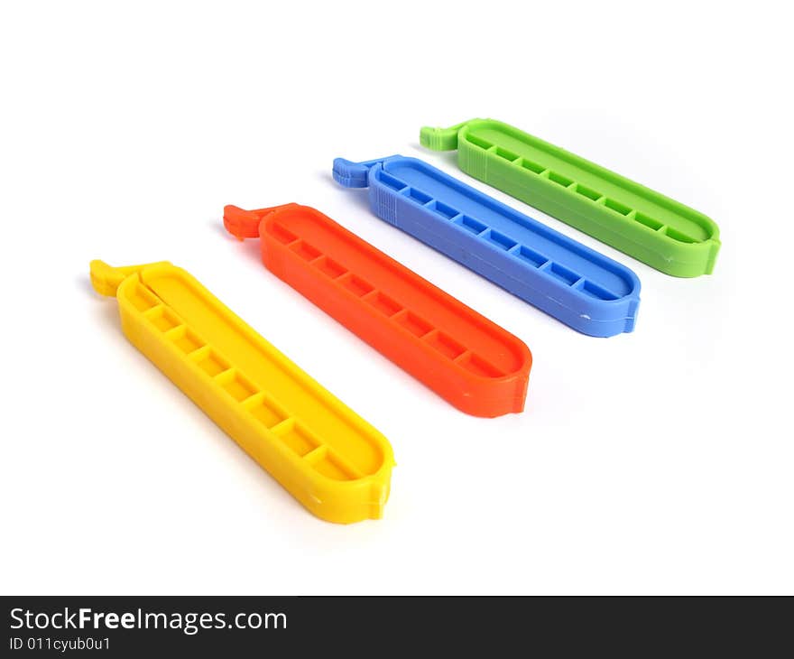 Clips for food Bags  in various colors on white background