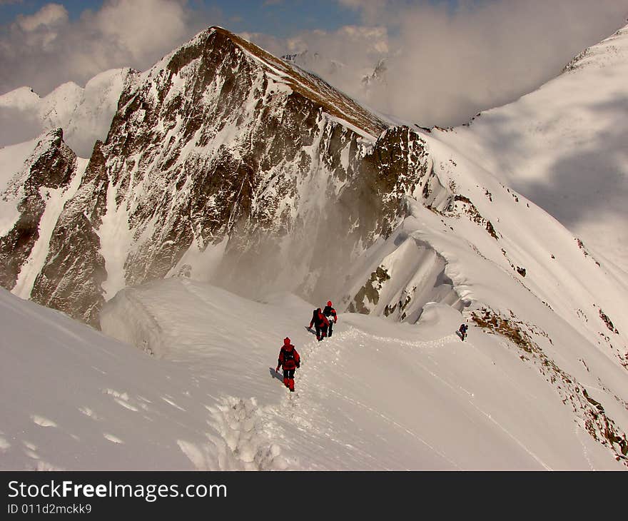 Mountaineers in Carpathian mountains - road to Moldoveanu peak (2544m) top of Romania