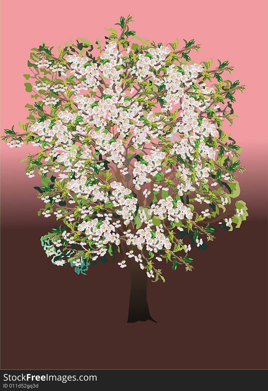 Tree with flowers illustration on pink and brown background