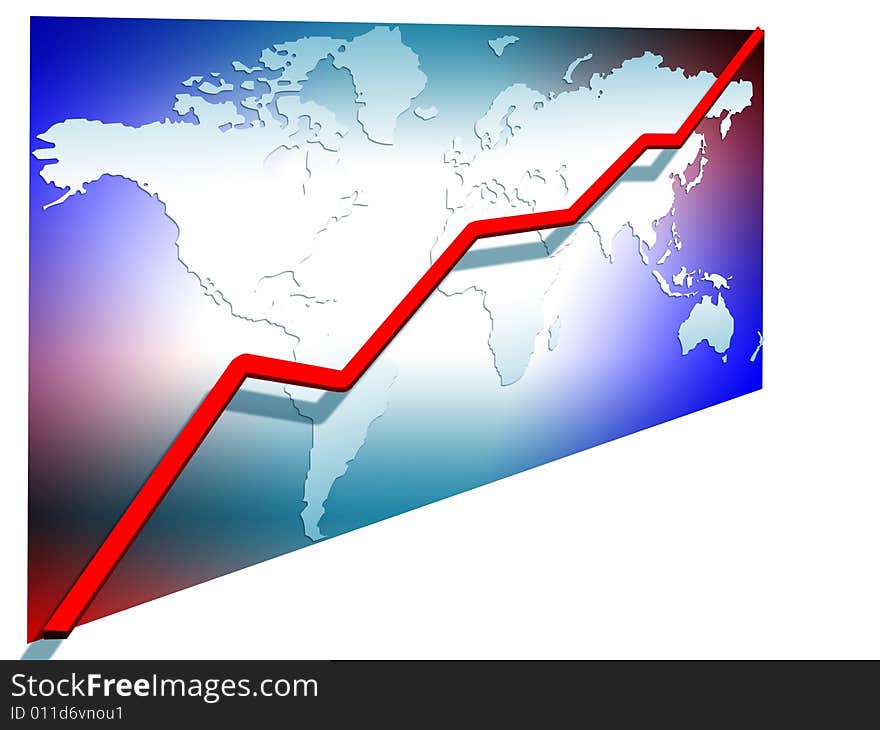 3d line chart red going up on the world map greed background illustration isolated