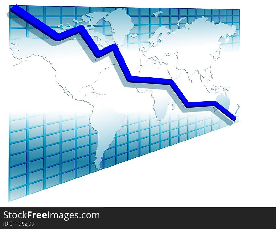 3d line chart blue going down on the world map greed background illustration isolated