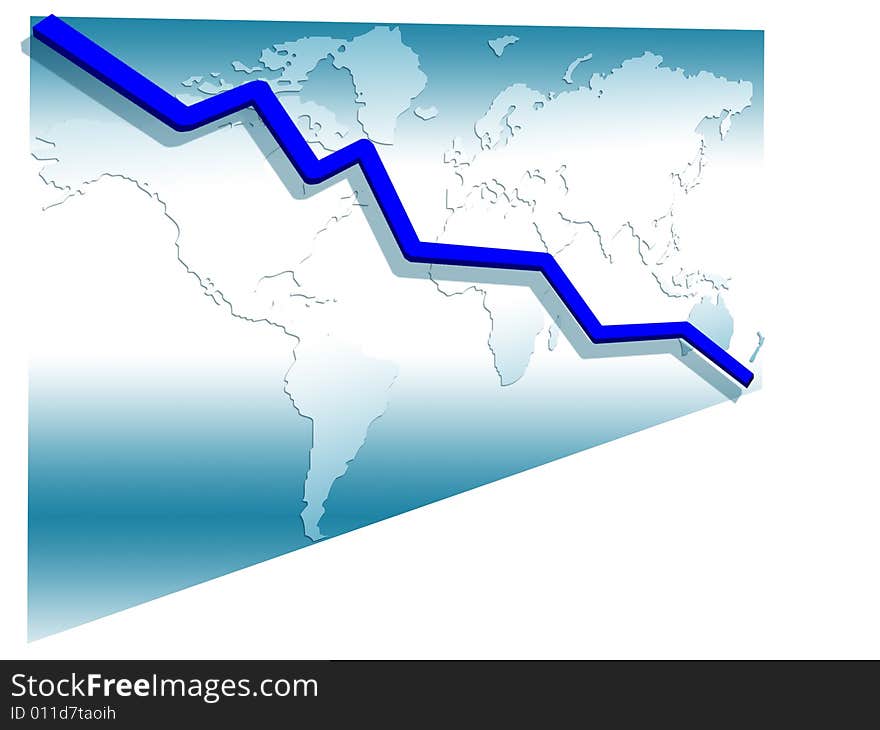 3d line chart blue going down on the world map  background illustration isolated