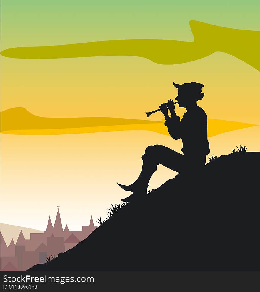 A man playing on a flute on sunset above a city sitting on a hill. An additional vectorial file is in the format of AI8. A man playing on a flute on sunset above a city sitting on a hill. An additional vectorial file is in the format of AI8