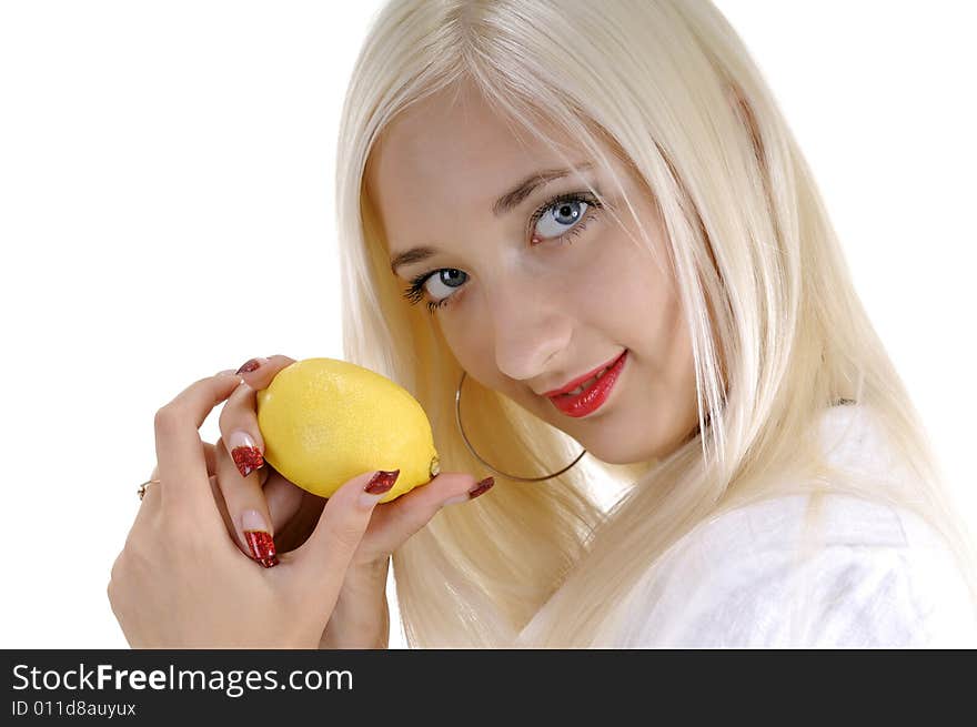 Happy beautiful woman with lemon