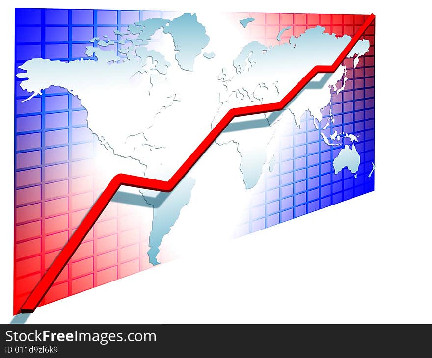 3d line chart red going up on the world map greed background illustration isolated