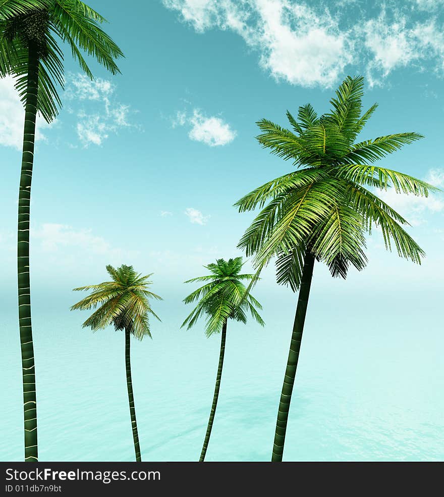 Beautiful seascape with palms. 3d image