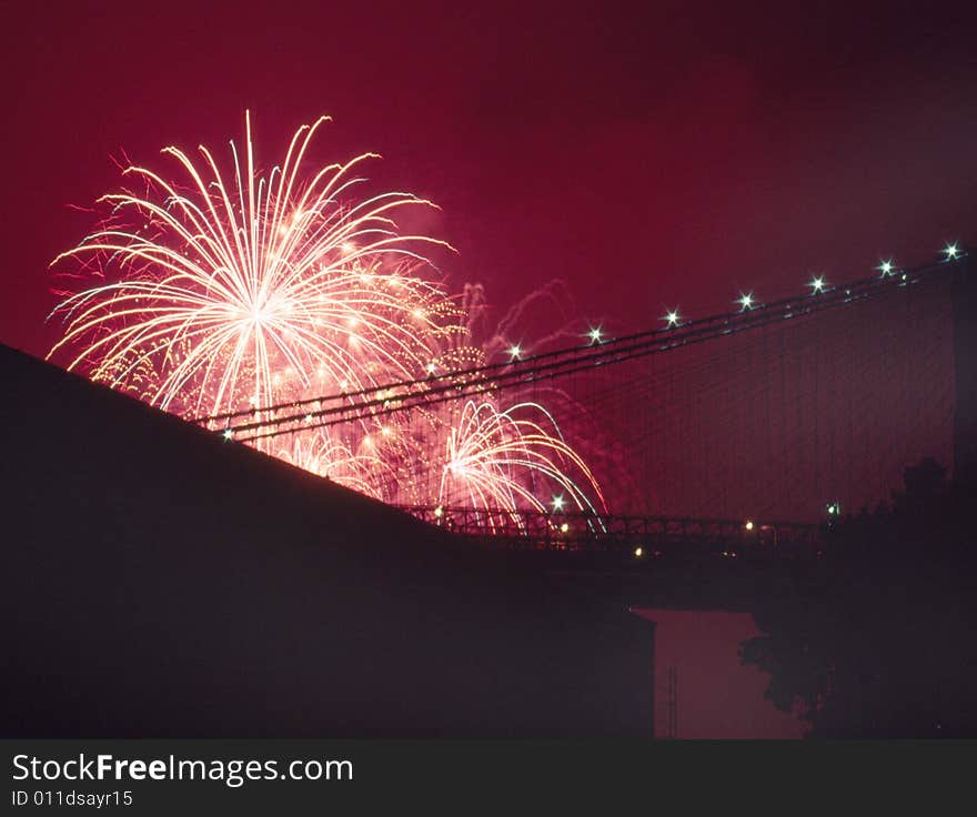 Fireworks Over Brooklyn Bridge New York USA