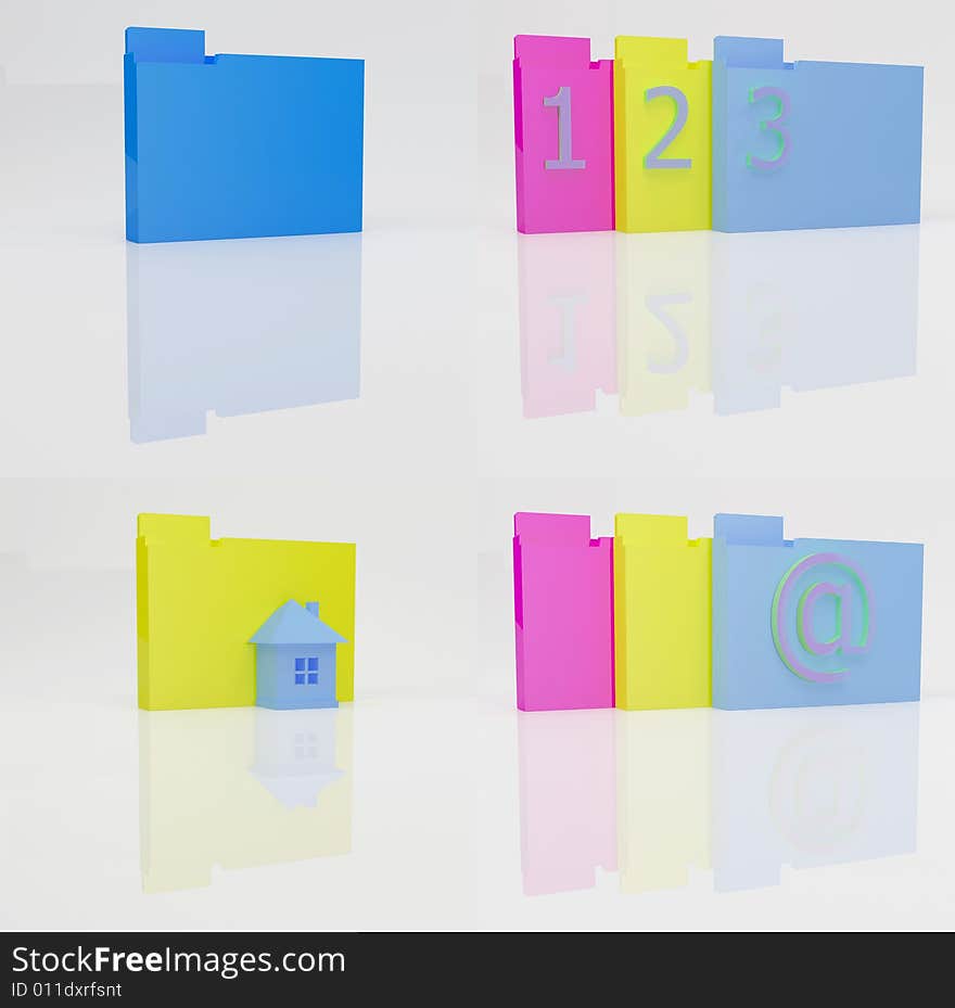 Color folders with figures, letters, the house render. Color folders with figures, letters, the house render