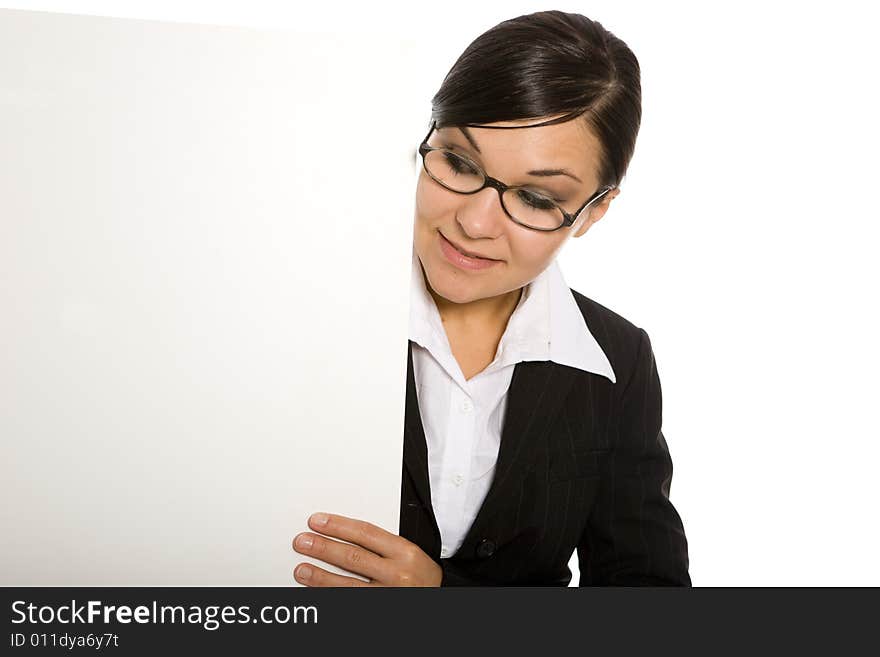 Businesswoman with banner