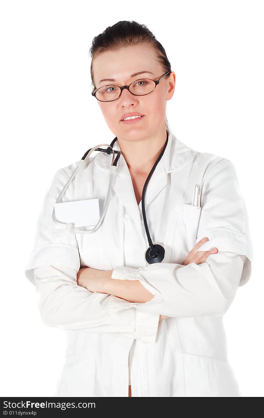 Attractive brunette female doctor on white background