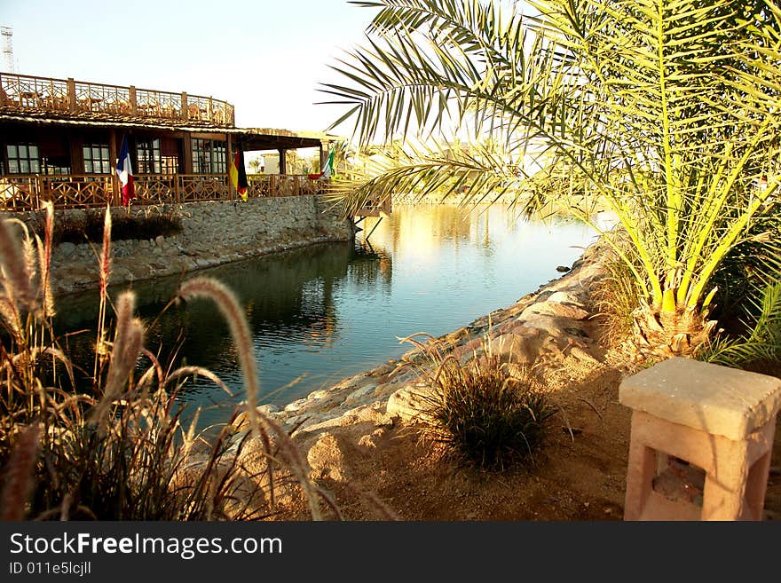 Cafe on seacoast. In the foreground a palm tree