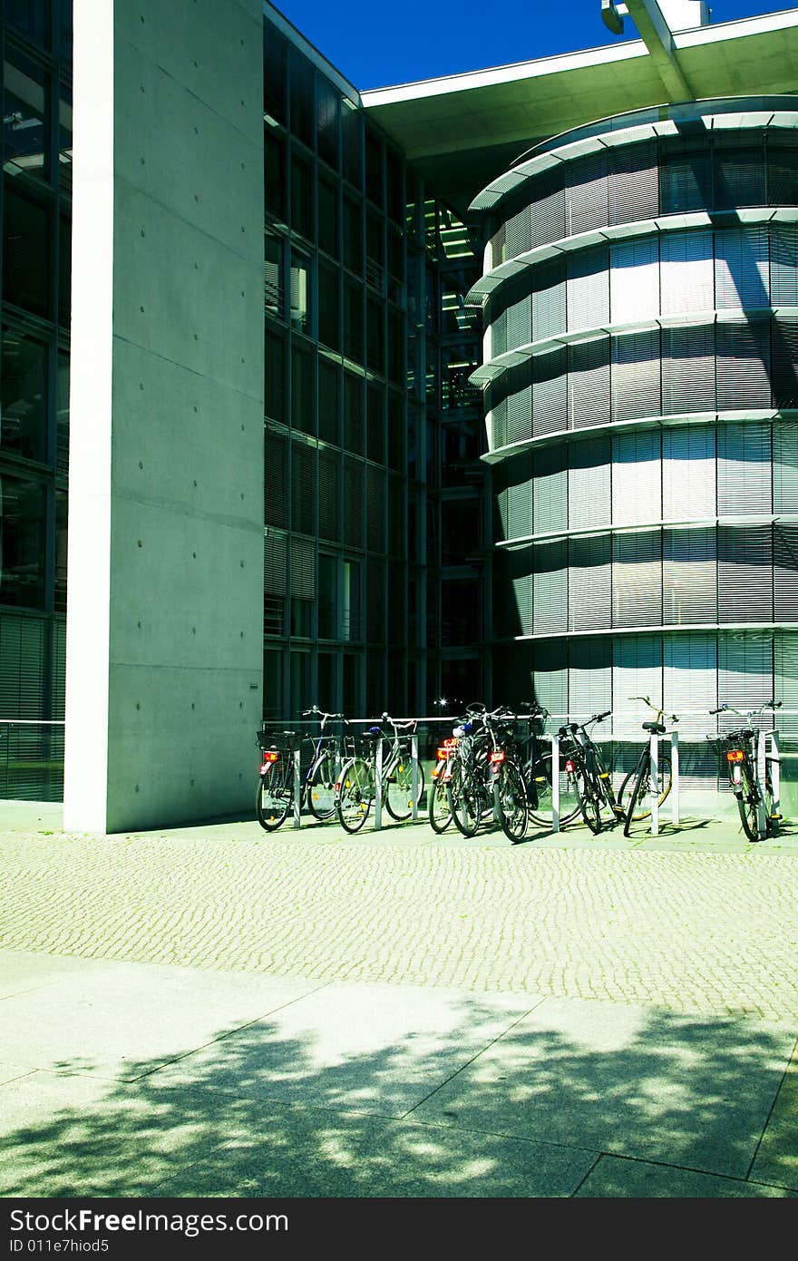 Modern corporate building in Berlin with bicycles