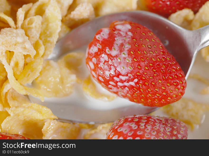 Macro shot of a cereal bowl with strawberries. Macro shot of a cereal bowl with strawberries