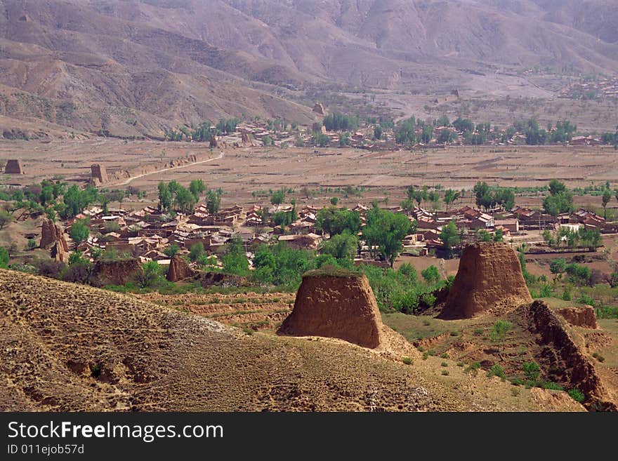 Watchtowers of the great wall and the villages nearby, shanxi province, china