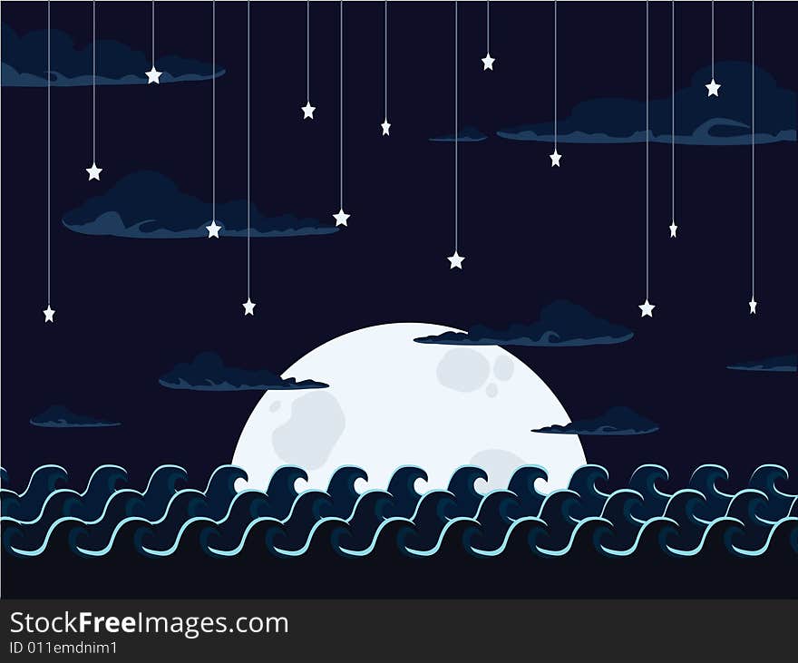 Stylized ocean and clouds against a large moon. Stylized ocean and clouds against a large moon.