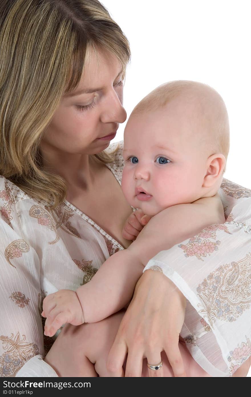 Happy mother with baby over white