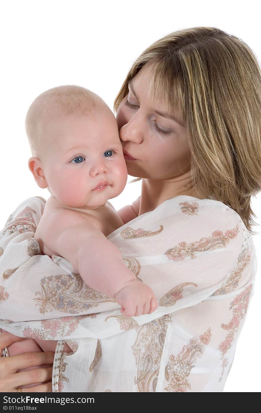 Happy mother with baby over white