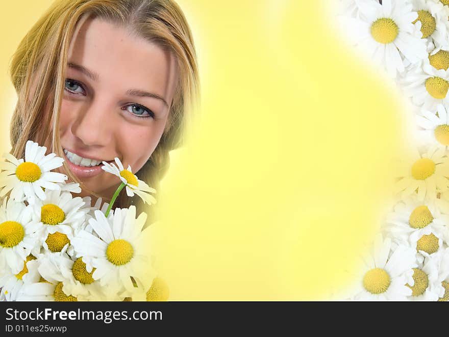 Woman with flowers on white