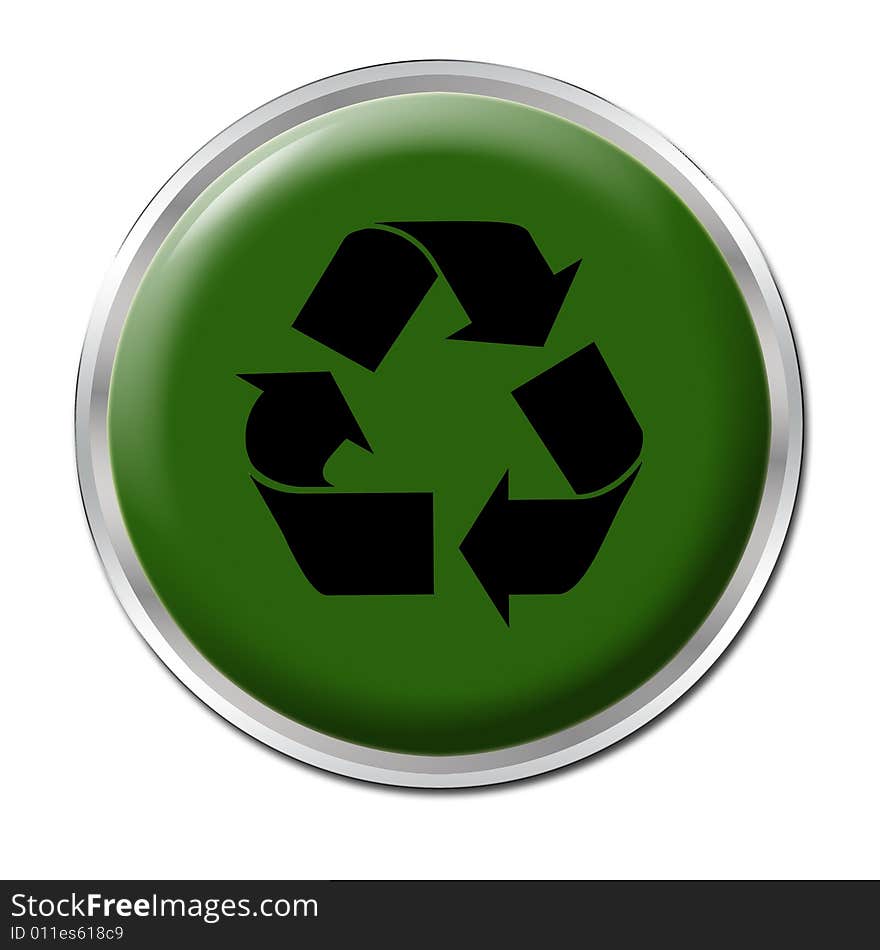 Green button with the symbol for recycling. Green button with the symbol for recycling