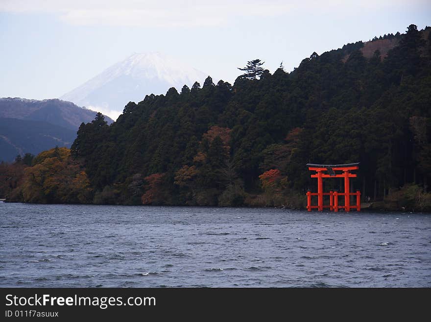 The landscape photo of Japanese style gate located in Hakone lake, Japan. The landscape photo of Japanese style gate located in Hakone lake, Japan.