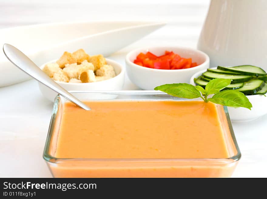 Gazpacho is cold soup typical Spanish cream that is popular in warmer areas and during the summer. Gazpacho is cold soup typical Spanish cream that is popular in warmer areas and during the summer