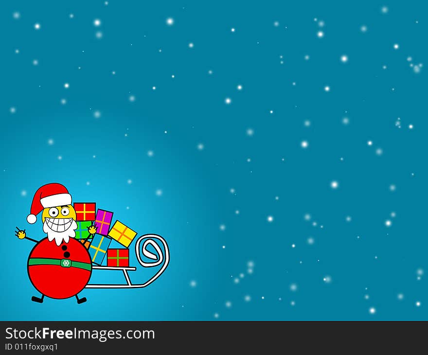 Cartooned Santa Clause with sledge and presents at blue background. Cartooned Santa Clause with sledge and presents at blue background