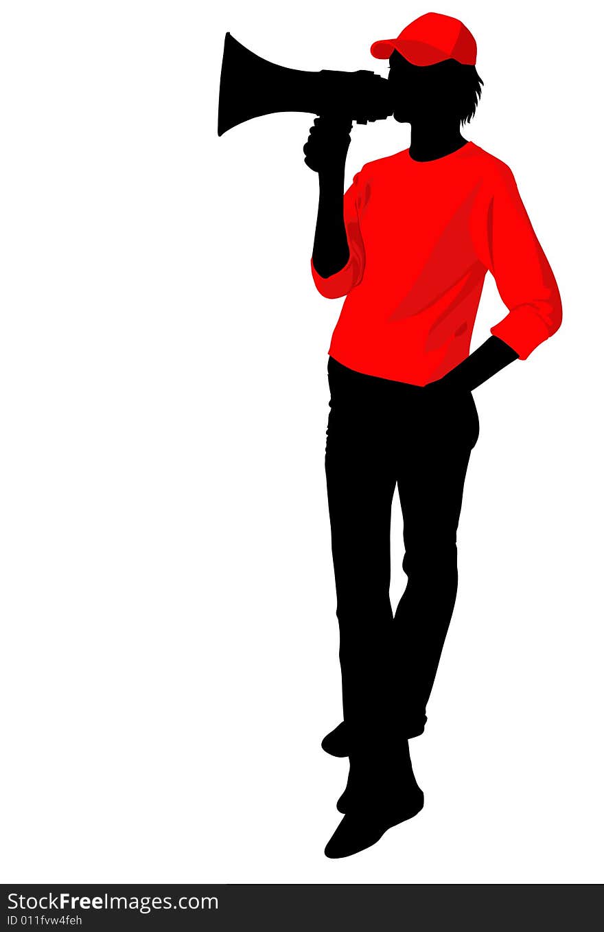 Silhouette of a dummy with a megaphone in advertising clothes. Silhouette of a dummy with a megaphone in advertising clothes