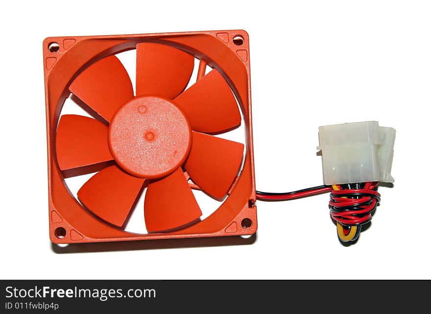 Orange Computer Fan and power cable over a white background