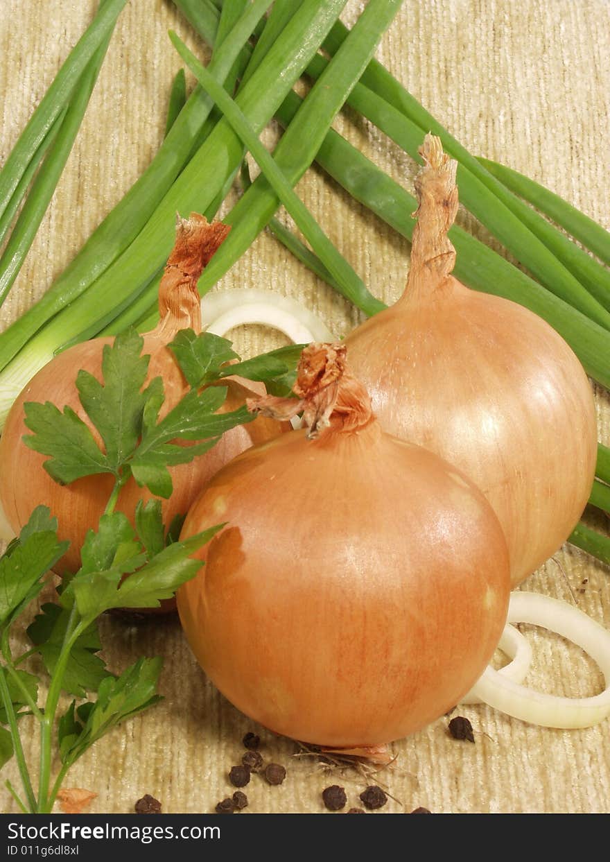 Three bulbs with a parsley on a green onions and a sacking