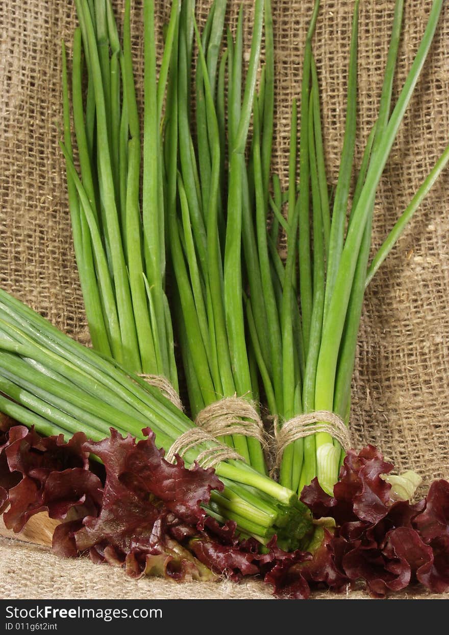 Bunches of the cut off green onions and leaves of salad on a sacking