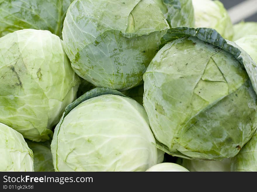 A batch of green cabbage at a local market.