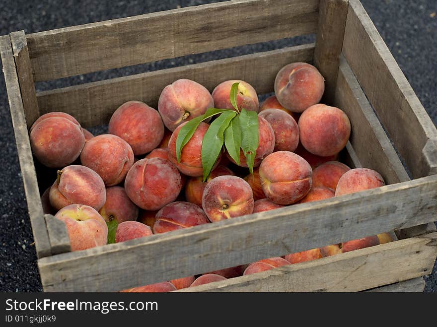 Beautiful peaches outside on a summer day.