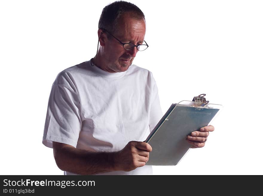 Portrait of senior man against white background with clipboard. Portrait of senior man against white background with clipboard