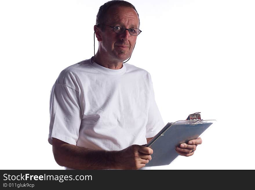 Portrait of senior man against white background with clipboard. Portrait of senior man against white background with clipboard