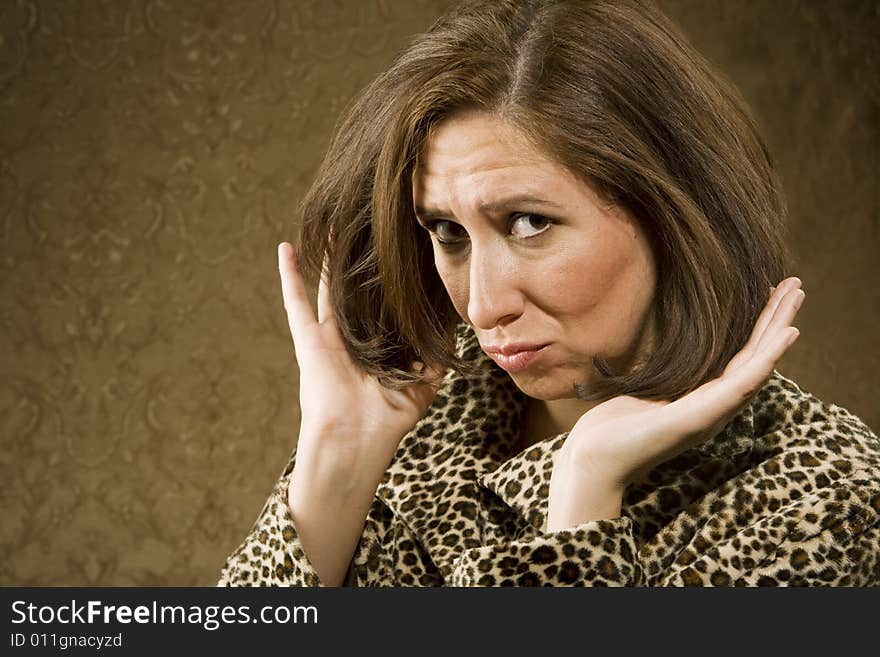 Hispanic Woman in Leopard Print Coat with Big Hair. Hispanic Woman in Leopard Print Coat with Big Hair