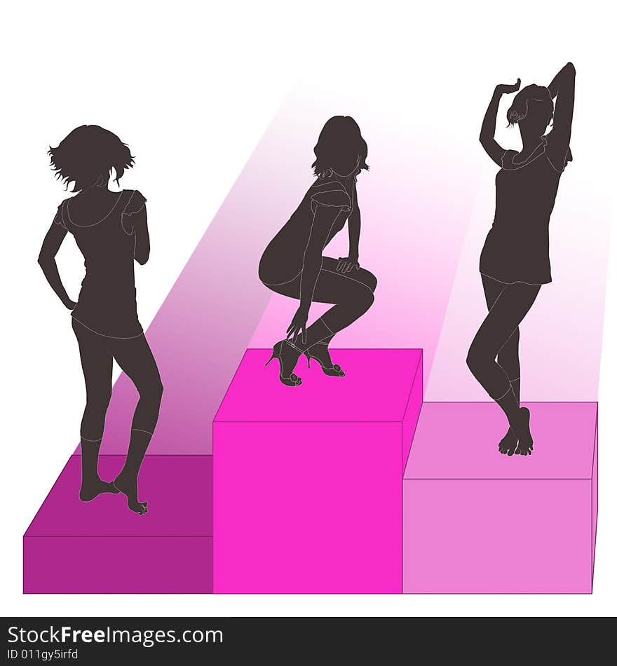 Illustration of three young success women's silhouette in happy free motion at the rose cubes. Illustration of three young success women's silhouette in happy free motion at the rose cubes