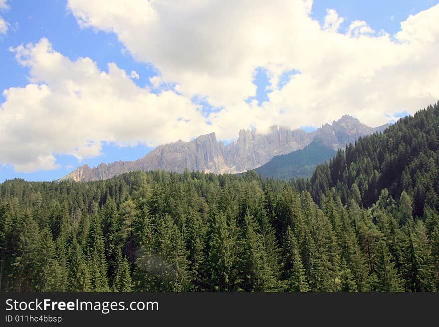 Sella montain group,  green valley and  woods. Italy. Sella montain group,  green valley and  woods. Italy