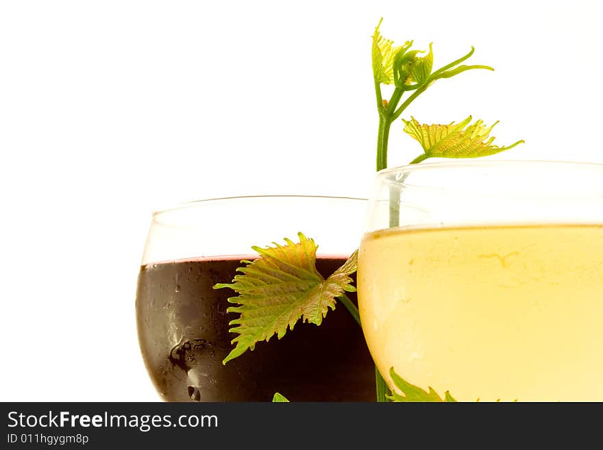 Red and white glass wine on white background