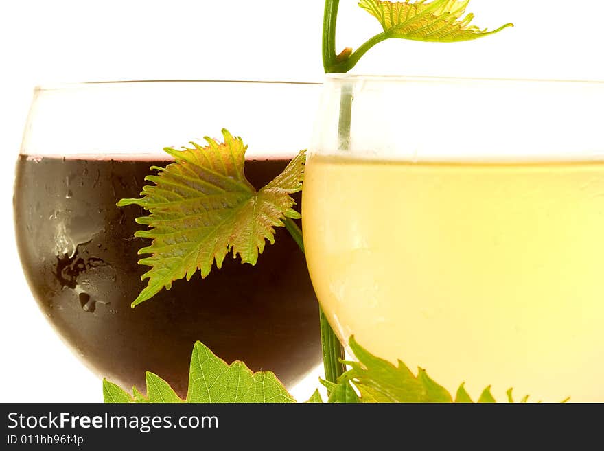 Red and white glass wine on white background