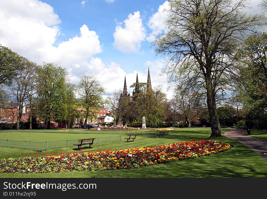 Lichfield park with a view of the  Cathedral. Lichfield park with a view of the  Cathedral