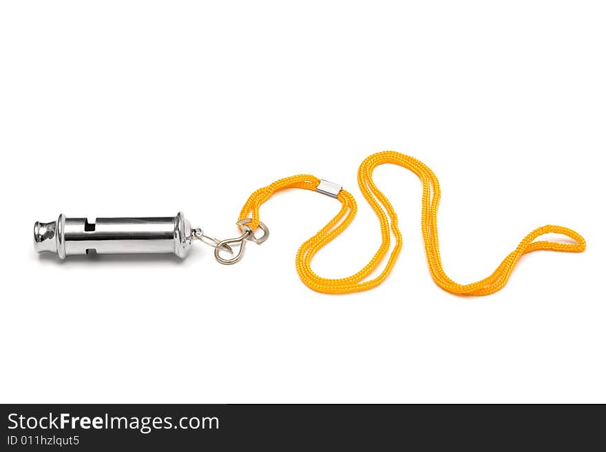 Metal whistle with a yellow cord on a white background